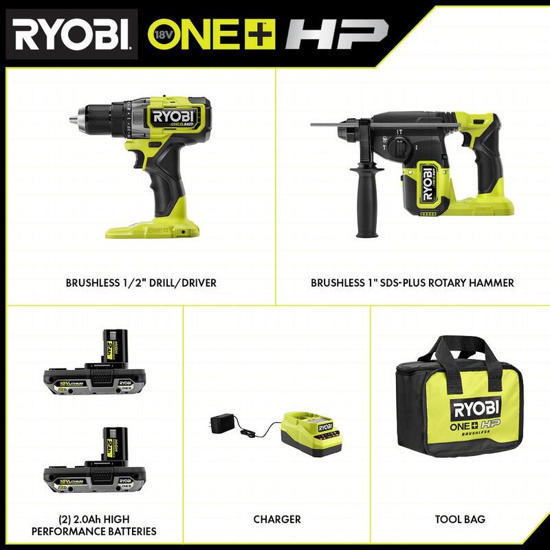 RYOBI ONE+ HP 18V Juego de Combo Inalámbrico sin Escobillas de 2 Herramientas con Taladro/Atornillador, Taladro de Martillo Rotativo SDS-Plus, Baterías, Cargador y Bolsa - PBLDD01K-P223