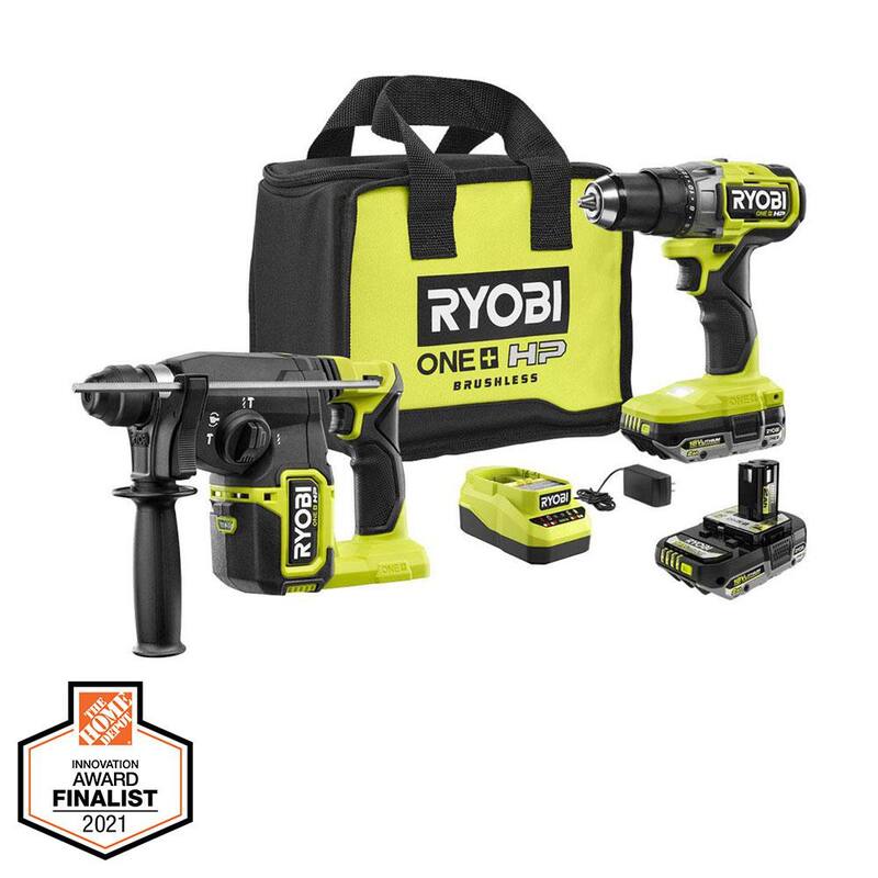 RYOBI ONE+ HP 18V Juego de Combo Inalámbrico sin Escobillas de 2 Herramientas con Taladro/Atornillador, Taladro de Martillo Rotativo SDS-Plus, Baterías, Cargador y Bolsa - PBLDD01K-P223