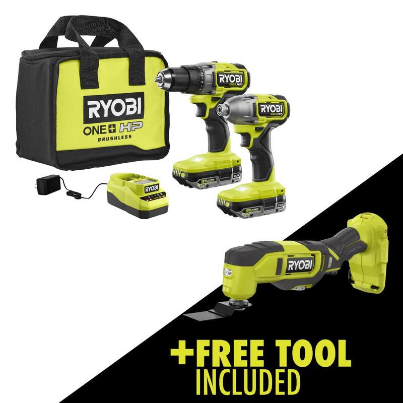 RYOBI ONE+ HP Kit Combo de 2 herramientas inalámbricas sin escobillas de 18V con (2) Baterías de 2.0 Ah, Cargador, Bolsa y Herramienta Multiuso inalámbrica GRATIS - PBLCK01K-PCL430B