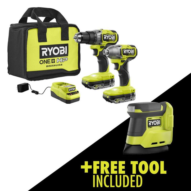 RYOBI ONE+ HP 18V Brushless Cordless 2-Tool Combo Kit con (2) Baterías de 2.0 Ah, Cargador, Bolsa y Lijadora de Esquinas Corner Cat Finish GRATIS - PBLCK01K-PCL416B