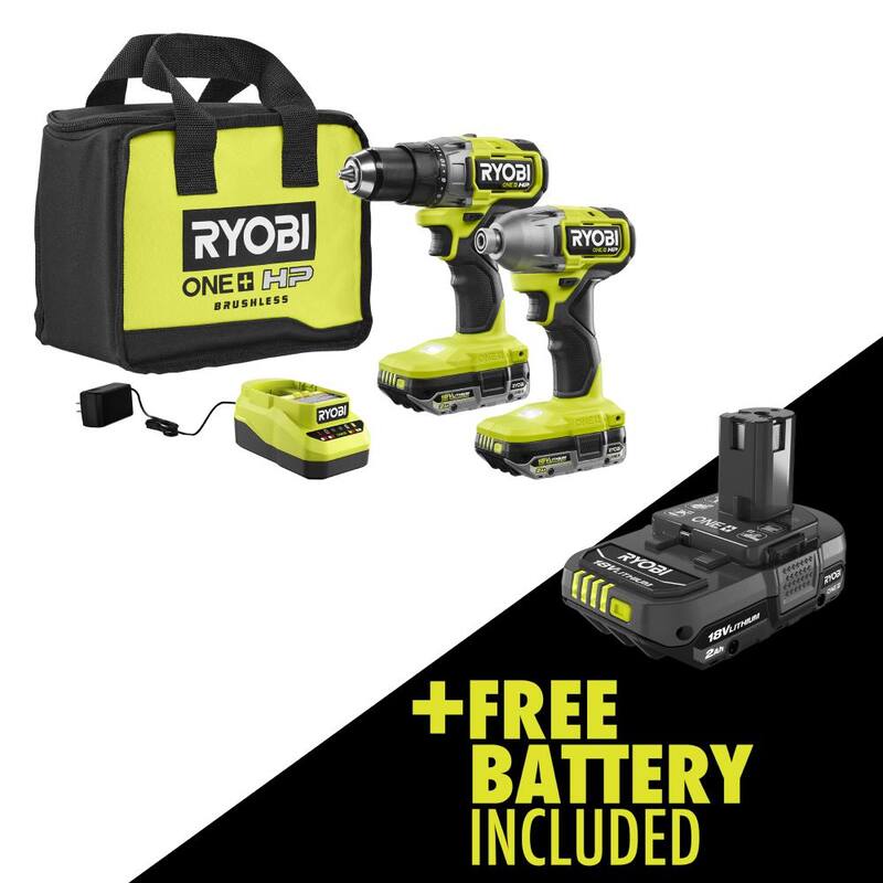 RYOBI ONE+ HP 18V Juego de herramientas inalámbricas sin escobillas de 2 herramientas con baterías de 2.0 Ah (2), cargador, bolsa y batería ONE+ 2.0 Ah gratis - PBLCK01K-PBP006