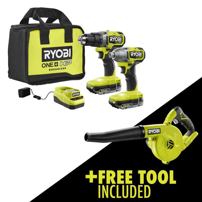 RYOBI ONE+ HP 18V Kit de Combo Inalámbrico sin Escobillas de 2 Herramientas con (2) Baterías de 2.0 Ah, Cargador, Bolsa y Soplador Compacto Inalámbrico GRATIS - PBLCK01K-P755