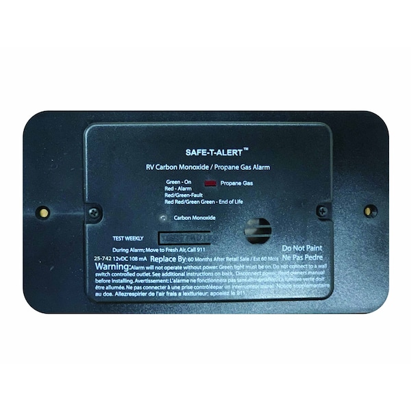 Safe-T-Alert Flush Mount Combination Carbon Monoxide/Propane Alarm with Trim Ring 12V DC Hard Wire - Black - 25-742-BL-TR
