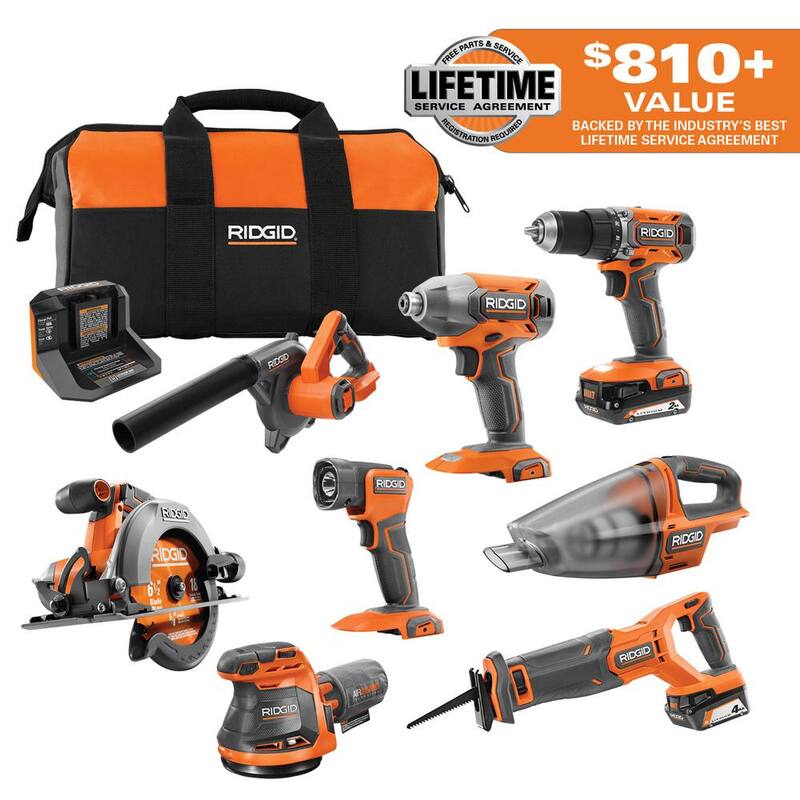 Kit combinado inalámbrico de 8 herramientas RIDGID de 18V con batería de 2.0 Ah, batería de 4.0 Ah, cargador y bolsa de herramientas - R96850