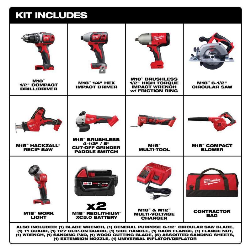 Juego de herramientas inalámbricas de iones de litio Milwaukee M18 de 18 voltios (9 herramientas) con (2) baterías, cargador y bolsa de herramientas - 2694-29