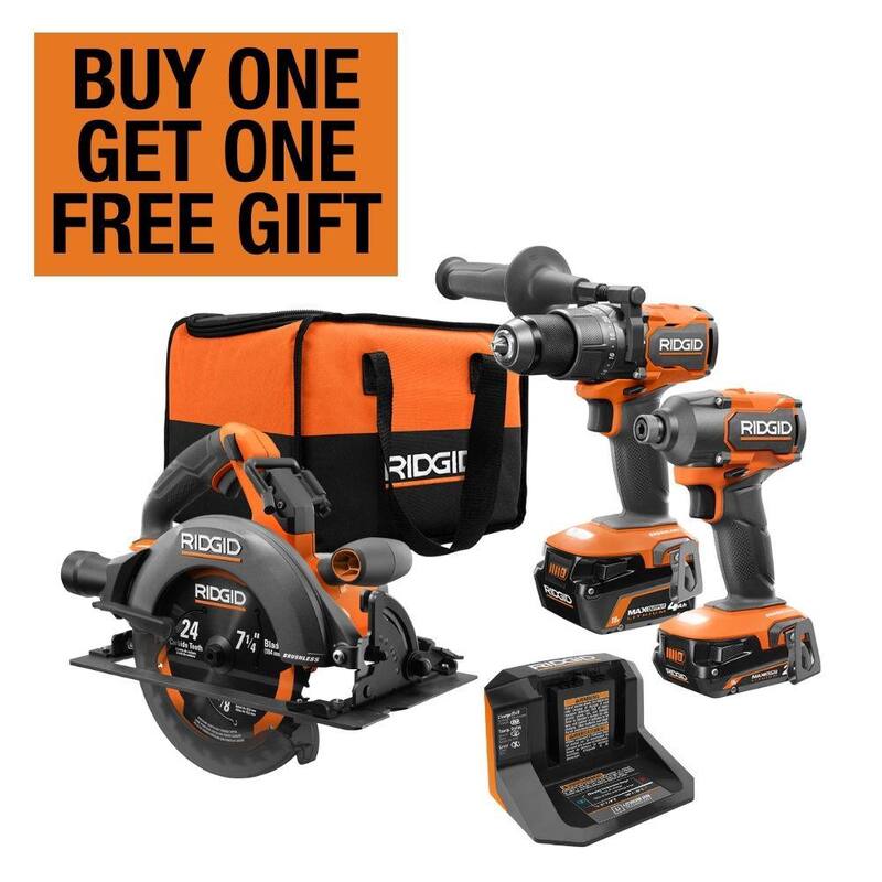 Kit combinado de 2 herramientas inalámbricas RIDGID 18V Brushless con taladro martillo, atornillador de impacto, baterías, cargador, bolsa y sierra circular - R9208-R8657B