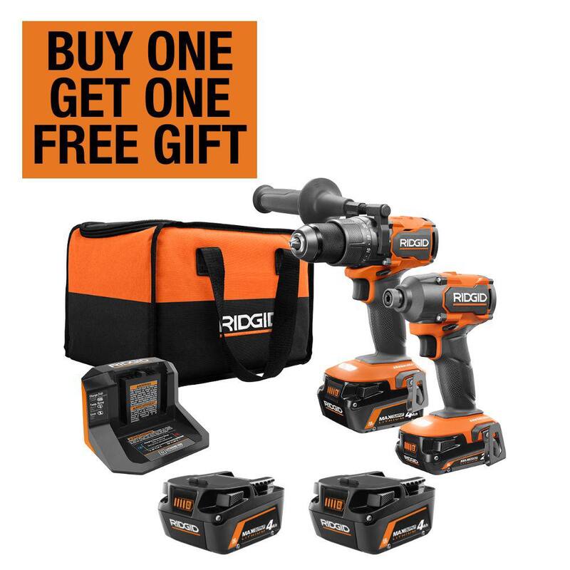 Kit combo inalámbrico RIDGID 18V sin escobillas con taladro percutor, controlador de impacto, baterías, cargador, bolsa y (2) baterías de salida máxima de 18V - R9208-AC840040P
