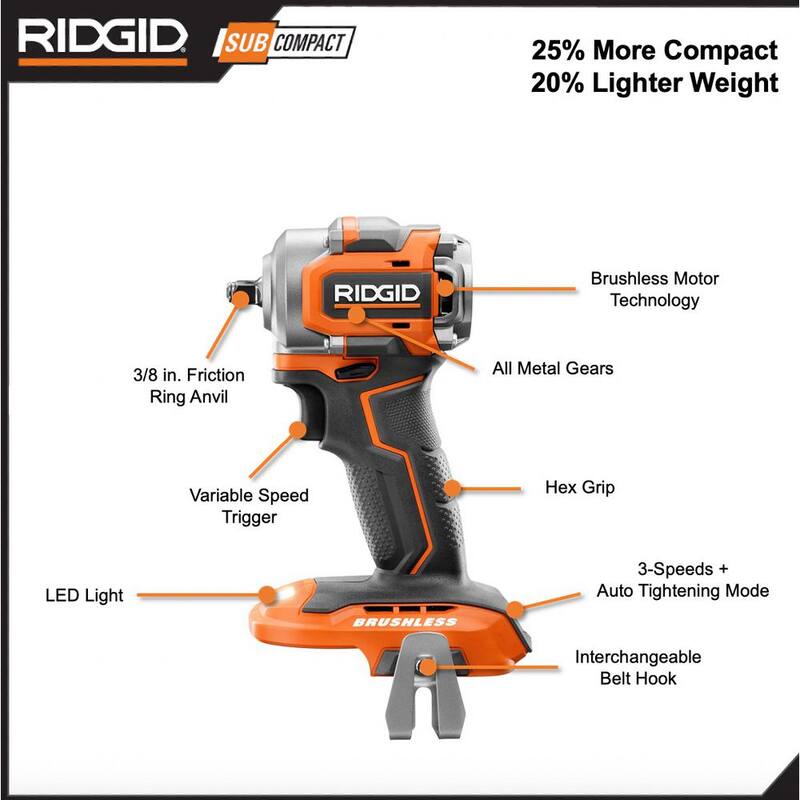 Juego de llave de impacto combo inalámbrica sin escobillas de 18V Subcompact de RIDGID con batería de 2.0 Ah y cargador - R96213SBN