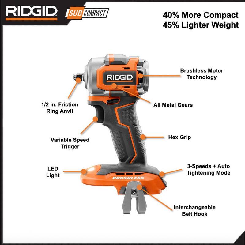 Juego de llave de impacto combo inalámbrica sin escobillas de 18V Subcompact de RIDGID con batería de 2.0 Ah y cargador - R96213SBN