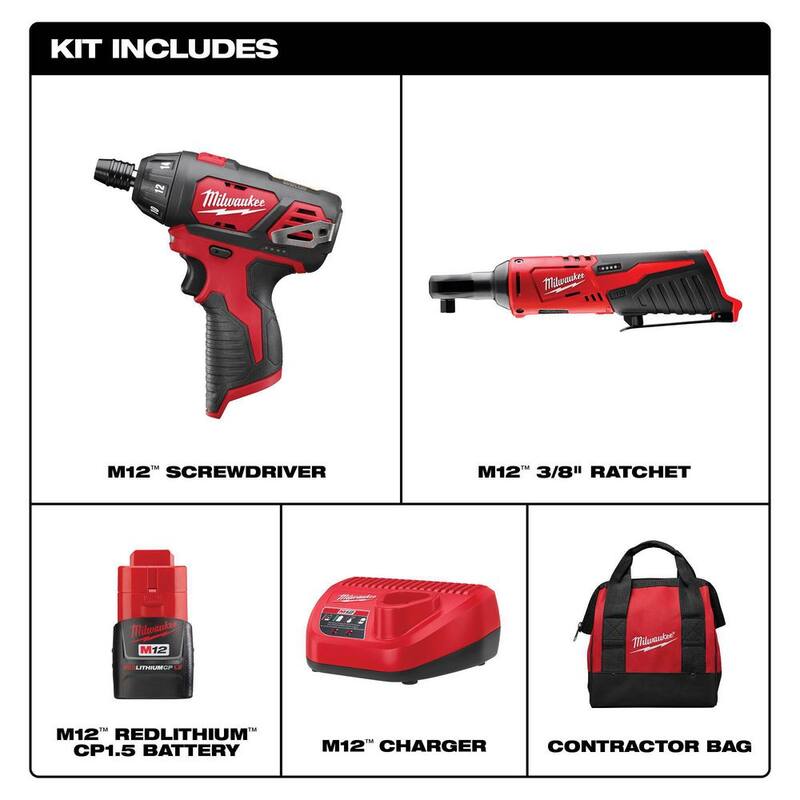 Kit de Combo de Ratchet y Destornillador Inalámbricos de 3/8 pulg. Milwaukee M12 12V de Iones de Litio (2 herramientas) con Batería, Cargador, Bolsa de Herramientas - 2401-21R