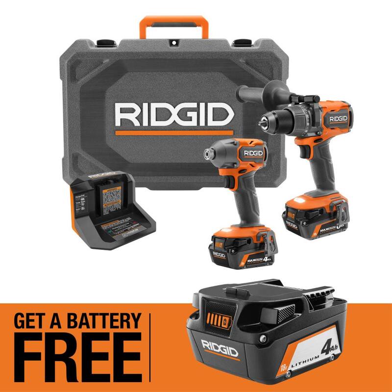 Juego de combos de 2 herramientas sin escobillas RIDGID 18V con baterías de salida máxima de 6.0 Ah y 4.0 Ah, cargador, estuche rígido y Batería GRATIS de 4.0 Ah - R92082-AC87004