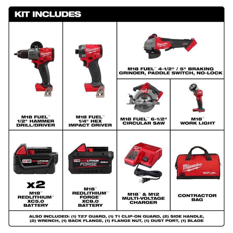 Kit combinado Milwaukee M18 18-Volt Lith-Ion Brushless Cordless FUEL (5 Herramientas) con 2 Baterías, 1 Cargador y Paquete de Batería FORGE XC 8.0 Ah - 2996-25-48-11-1881