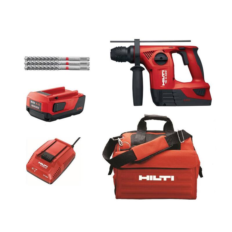 Martillo rotativo inalámbrico Hilti de 22 voltios de ion de litio TE 4 con dos baterías de 4.0 Ah, cargador, brocas y bolsa - 3577974