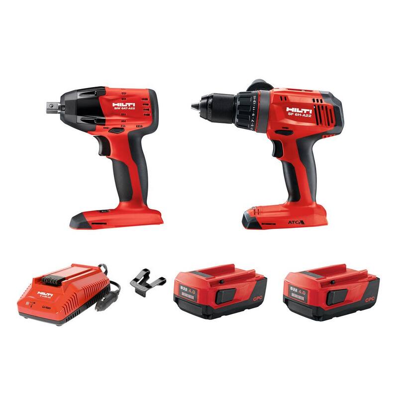 Kit combo inalámbrico de dos herramientas con motor sin escobillas de 22 voltios de iones de litio Hilti, con (2) baterías B22/4.0, cargador y clip para cinturón - 3565167