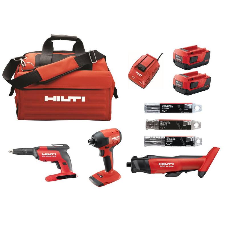 Combo inalámbrico de 3 herramientas Hilti de 22 voltios de iones de litio con pistola atornilladora de paneles de yeso, destornillador de impacto, herramienta de corte sin escobillas y paquete de baterías - 3551243