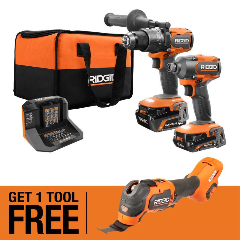 Juego de combinación inalámbrico RIDGID 18V Brushless de 2 herramientas con (2) baterías, cargador, bolsa y herramienta multiuso 18V Brushless GRATIS - R9208-R86242B.