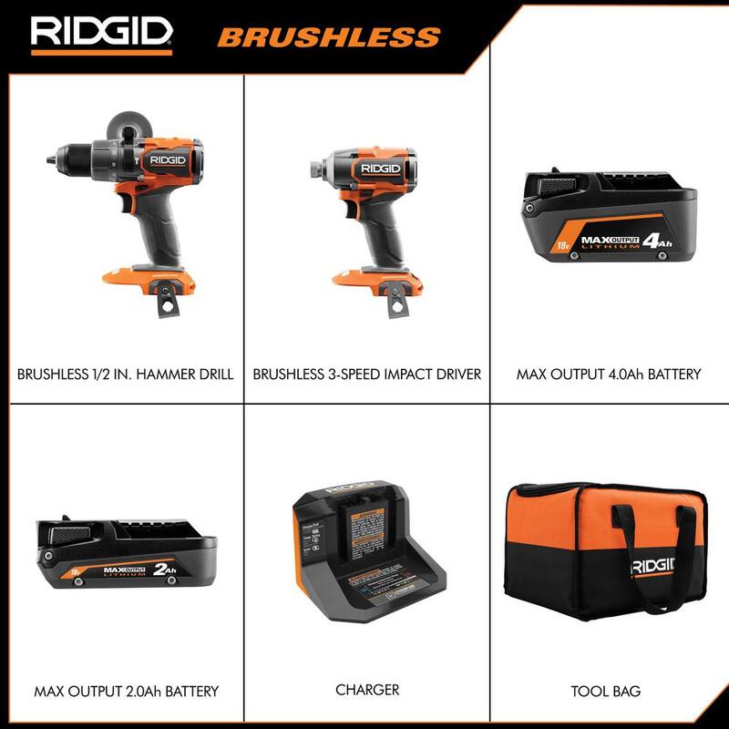 Juego de combinación inalámbrico RIDGID 18V Brushless de 2 herramientas con (2) baterías, cargador, bolsa y herramienta multiuso 18V Brushless GRATIS - R9208-R86242B.