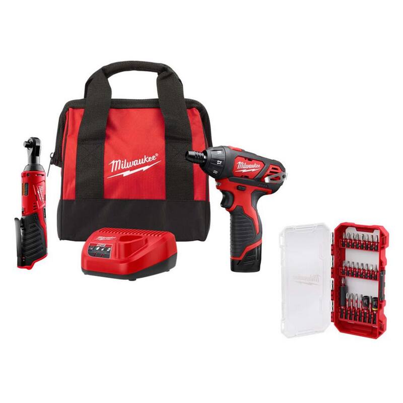 Kit combo Milwaukee M12 12V de trinquete y destornillador inalámbricos de 3/8 in. (2 herramientas) con batería, cargador, bolsa para herramientas y juego de puntas (25 pzas) - 2401-21R-48-32-4095.