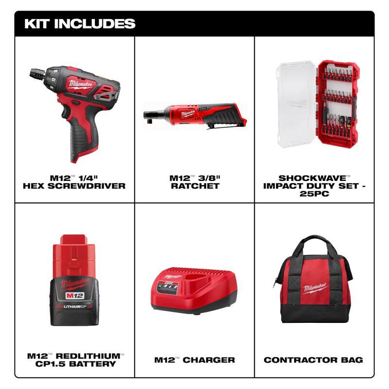 Kit combo Milwaukee M12 12V de trinquete y destornillador inalámbricos de 3/8 in. (2 herramientas) con batería, cargador, bolsa para herramientas y juego de puntas (25 pzas) - 2401-21R-48-32-4095.