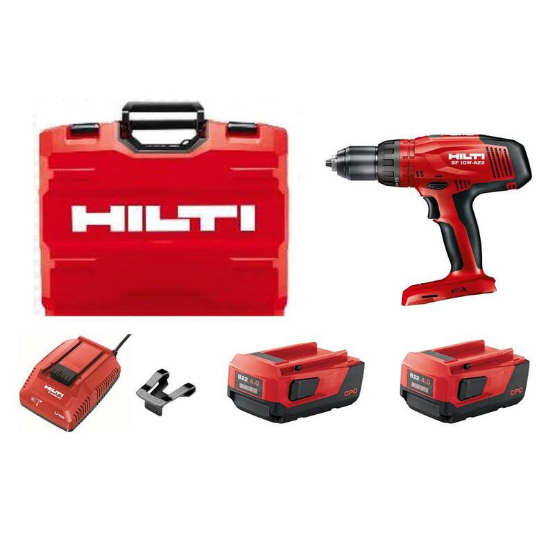 Juego de combo de taladro atornillador inalámbrico de 22V de iones de litio Hilti con dos baterías de 4.0 Ah, cargador, clip para cinturón y estuche - 3524559