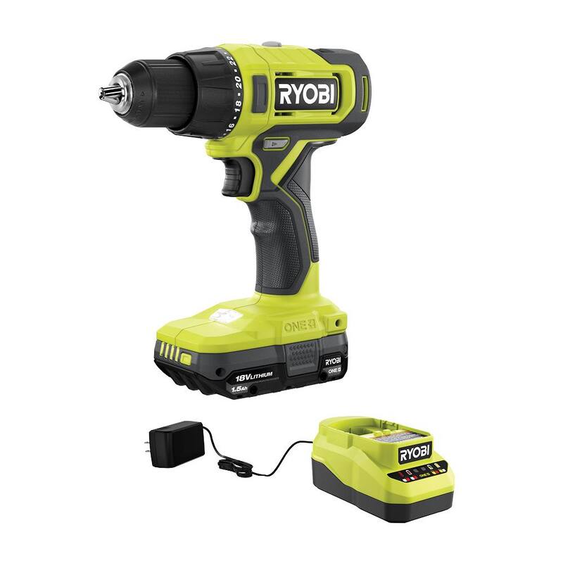 Juego de Taladro/Atornillador inalámbrico RYOBI ONE+ de 18V con broca de 1/2 pulgadas, y batería de 1.5 Ah y cargador - PCL206K1
