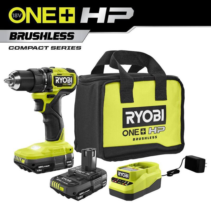 RYOBI ONE+ HP 18V Taladro/Atornillador Compacto Inalámbrico sin Escobillas de 1/2 pulgada con Kit de (2) Baterías de 1.5 Ah y Cargador - PSBDD02K2