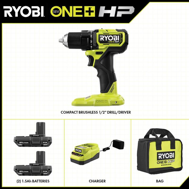 RYOBI ONE+ HP 18V Taladro/Atornillador Compacto Inalámbrico sin Escobillas de 1/2 pulgada con Kit de (2) Baterías de 1.5 Ah y Cargador - PSBDD02K2
