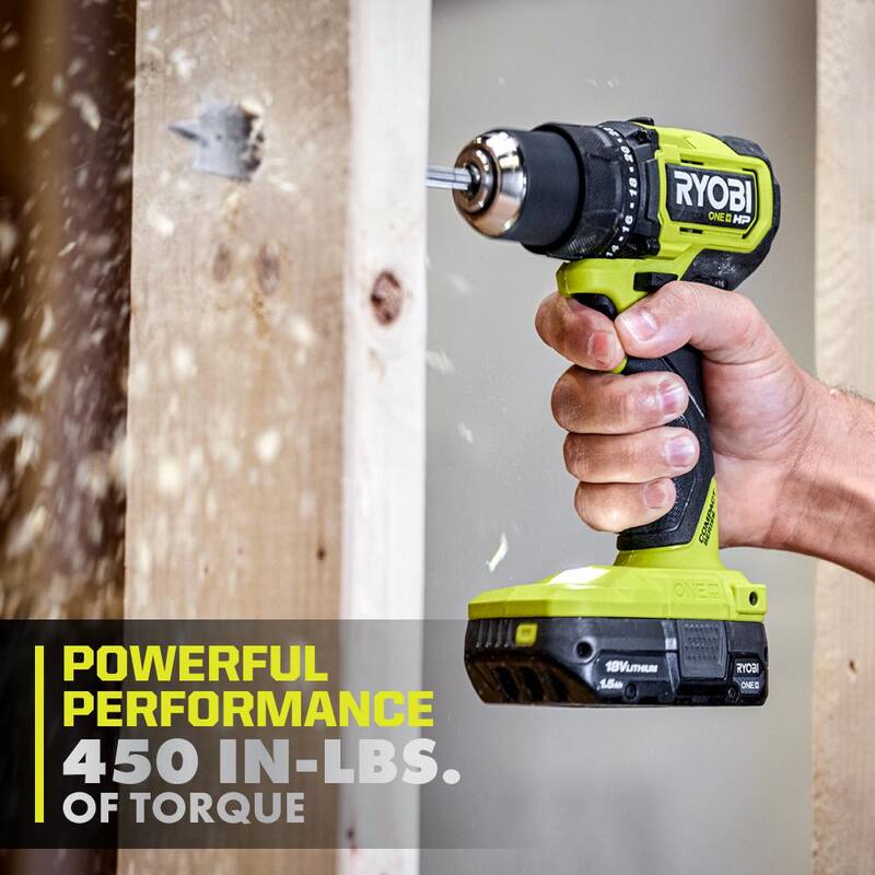 RYOBI ONE+ HP 18V Taladro/Atornillador Compacto Inalámbrico sin Escobillas de 1/2 pulgada con Kit de (2) Baterías de 1.5 Ah y Cargador - PSBDD02K2