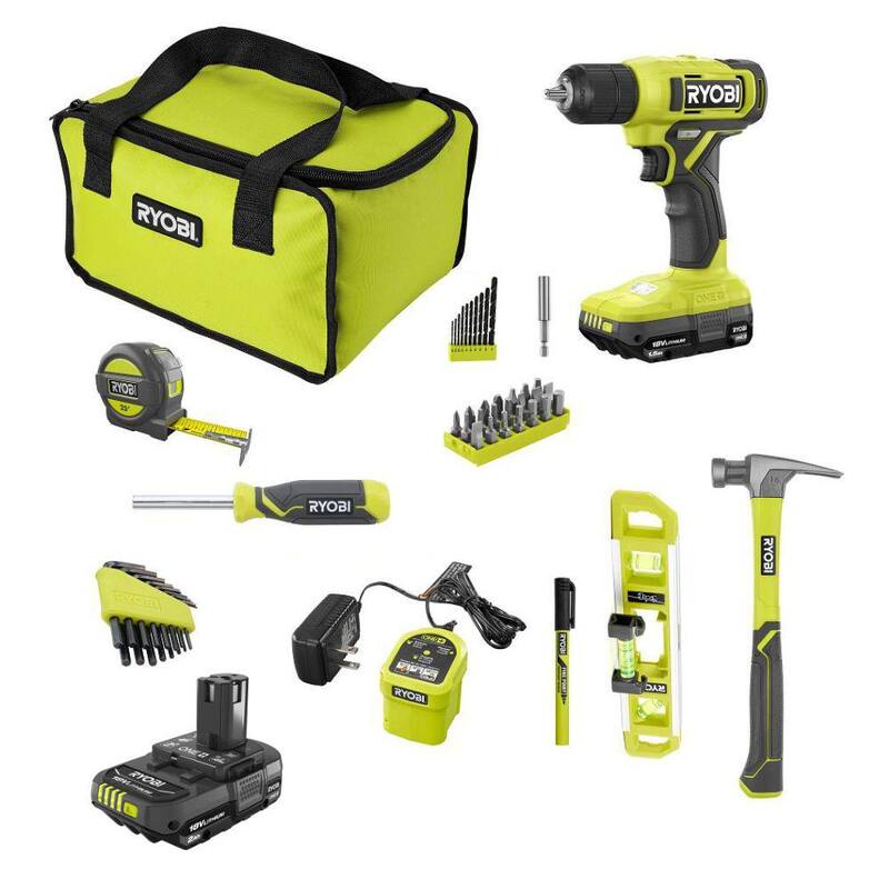 RYOBI ONE+ 18V Kit de Propietario para el Hogar con Taladro/Destornillador de 3/8 pulgadas, Batería de 1.5 Ah, Cargador y Batería de 2.0 Ah - PCL1113K1-PBP006