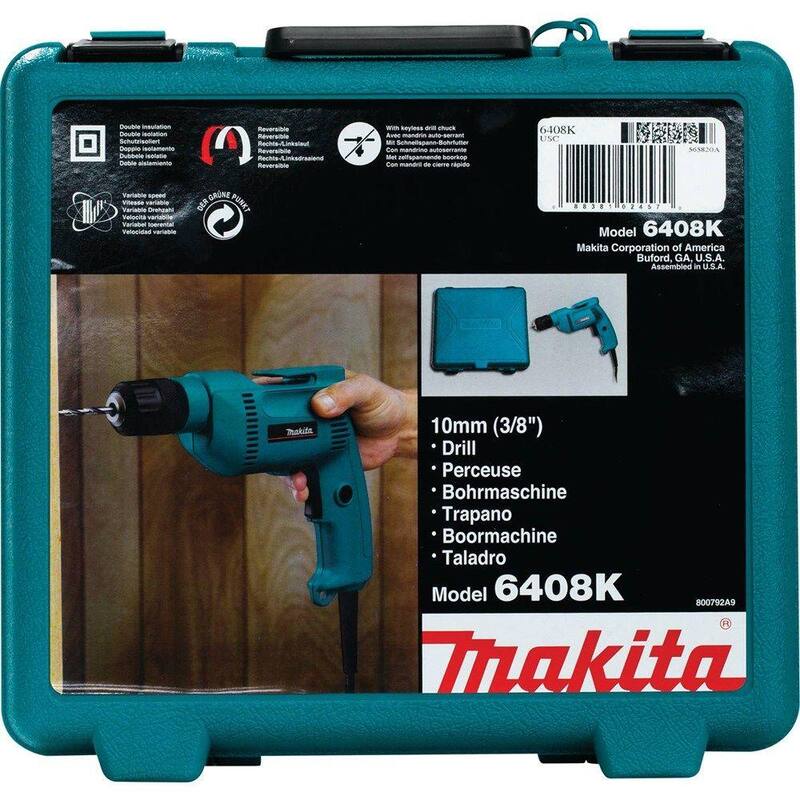 Broca eléctrica de velocidad variable de 3/8 pulg. con llave y estuche rígido - 6408K de Makita de 4.9 amperios y bajo nivel de ruido (79dB)