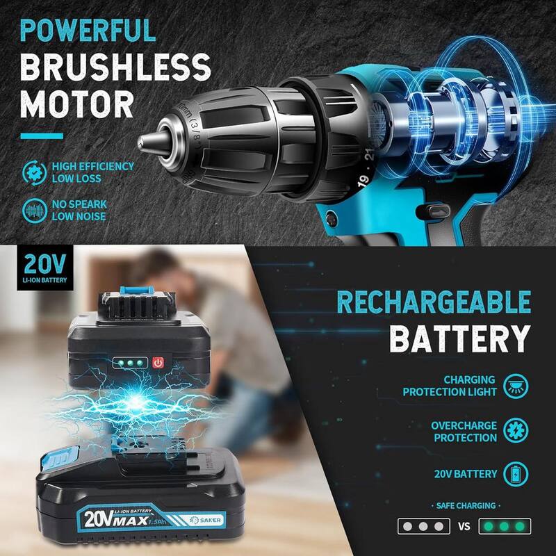 Set de taladro inalámbrico Saker, taladro eléctrico sin escobillas de 20V con brocas, portabrocas sin llave de 3/8 pulgadas, 2 velocidades variables - GJ51883-X41875