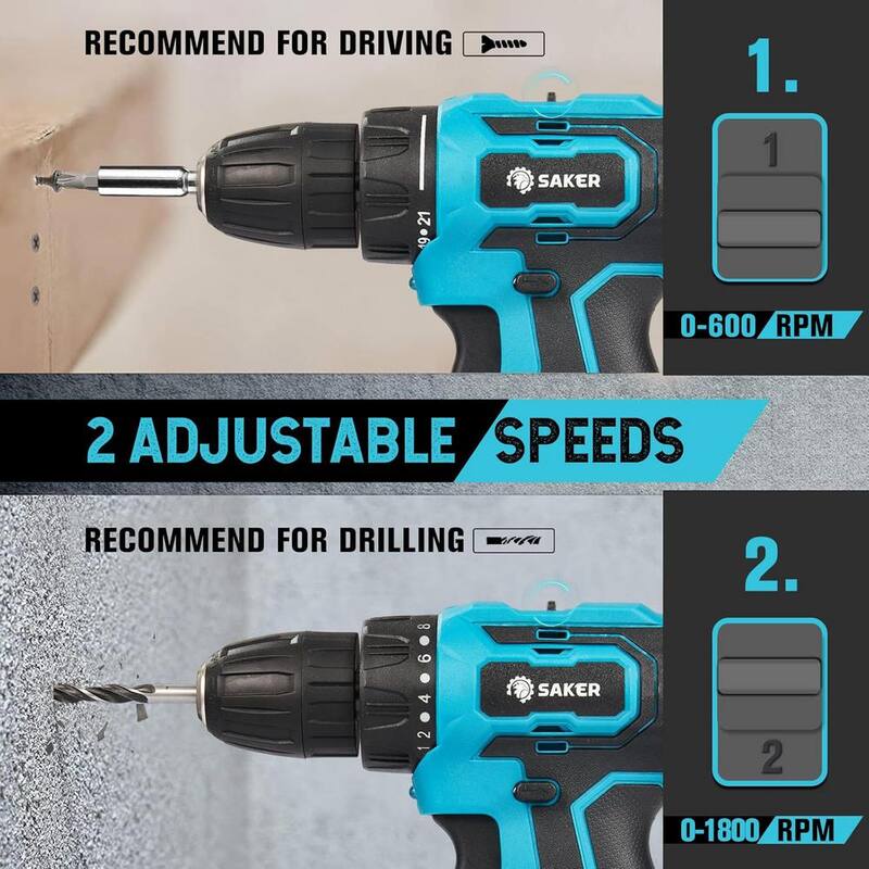 Set de taladro inalámbrico Saker, taladro eléctrico sin escobillas de 20V con brocas, portabrocas sin llave de 3/8 pulgadas, 2 velocidades variables - GJ51883-X41875