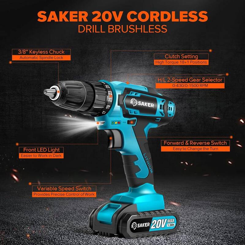 Set de taladro inalámbrico Saker, taladro eléctrico de 20V con brocas de taladro/desatornillador, mandril sin llave de 3/8 pulgadas, 2 velocidades variables - GJ51883-X41876