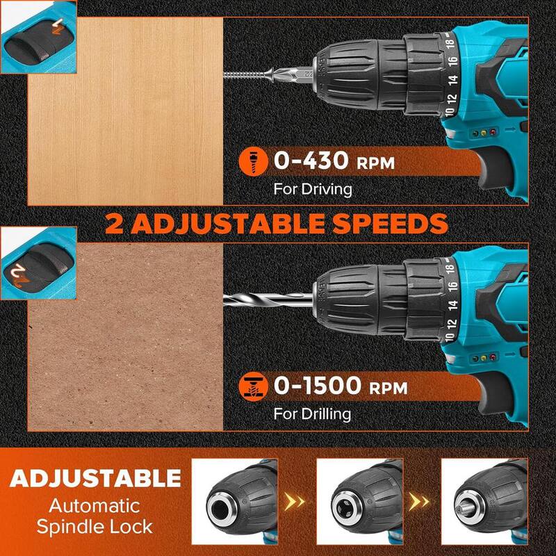 Set de taladro inalámbrico Saker, taladro eléctrico de 20V con brocas de taladro/desatornillador, mandril sin llave de 3/8 pulgadas, 2 velocidades variables - GJ51883-X41876