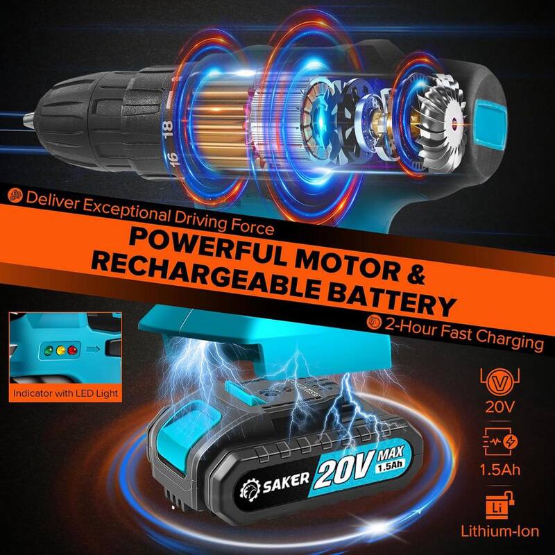 Set de taladro inalámbrico Saker, taladro eléctrico de 20V con brocas de taladro/desatornillador, mandril sin llave de 3/8 pulgadas, 2 velocidades variables - GJ51883-X41876