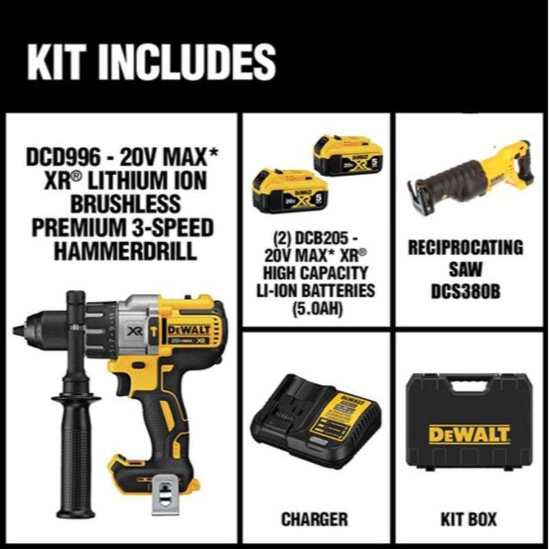 DEWALT 20V MAX XR Taladro inalámbrico con martillo sin escobillas de 3 velocidades de 1/2 pulgadas, sierra reciproca y (2) baterías de 20V 5.0Ah - DCD996P2W380B