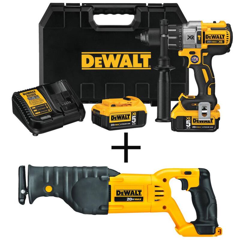 DEWALT 20V MAX XR Taladro inalámbrico con martillo sin escobillas de 3 velocidades de 1/2 pulgadas, sierra reciproca y (2) baterías de 20V 5.0Ah - DCD996P2W380B