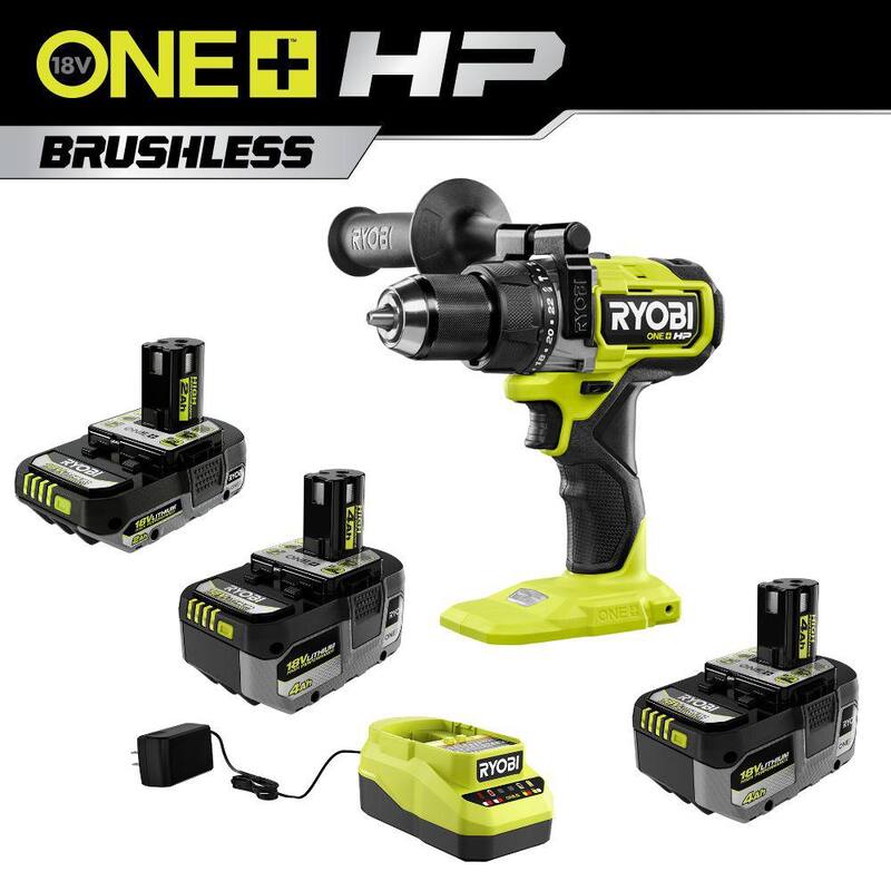 Kit de alto rendimiento RYOBI ONE+ 18V con (2) baterías de 4.0 Ah, 1 batería de 2.0 Ah, cargador y taladro de martillo sin escobillas ONE+ HP - PBLHM101B-PSK108SB