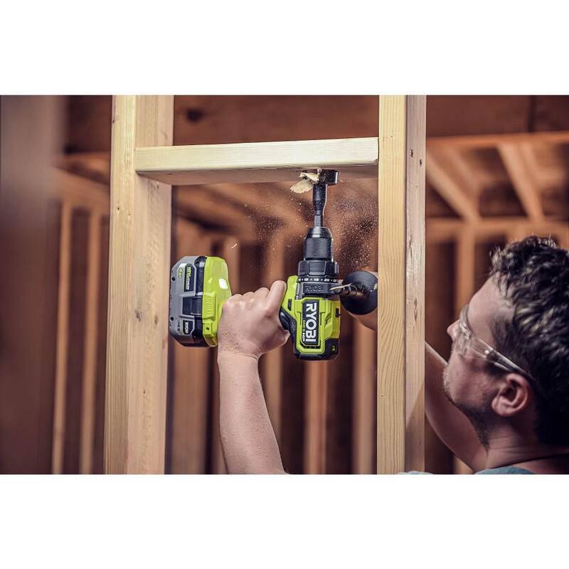 RYOBI ONE+ HP 18V Taladro de martillo sin escobillas inalámbrico de 1/2 pulg. (Herramienta solamente) con juego de brocas de pala de madera de 10 piezas - PBLHM101B-A971001