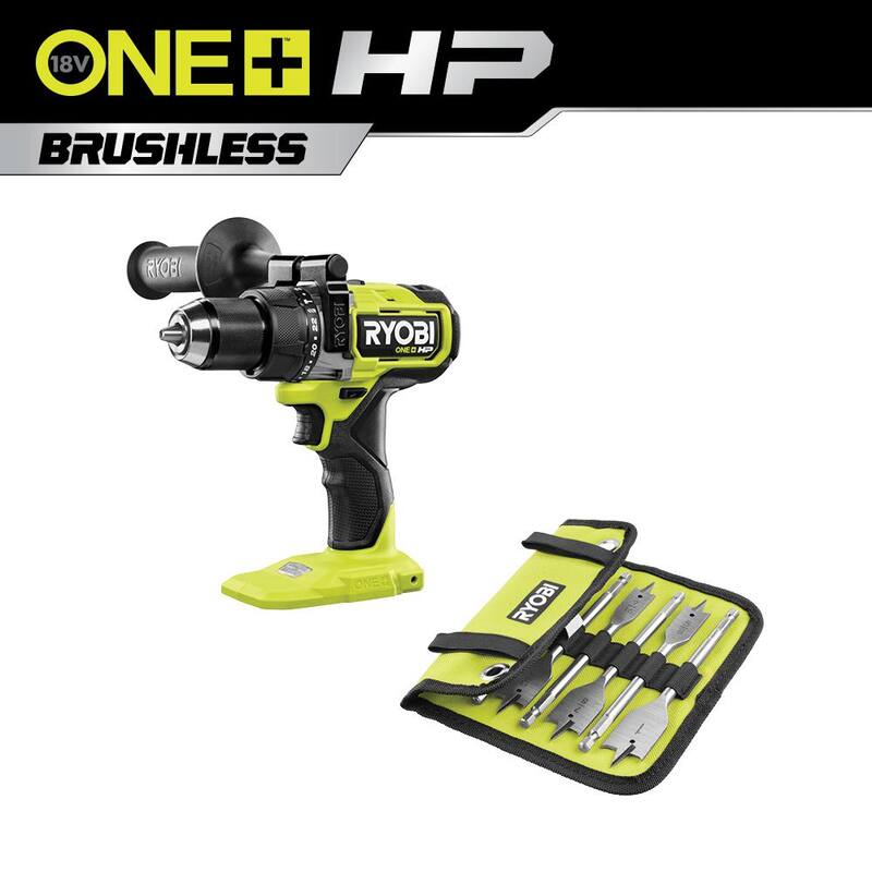 RYOBI ONE+ HP 18V Taladro de martillo sin escobillas inalámbrico de 1/2 pulg. (Herramienta solamente) con juego de brocas de pala de madera de 10 piezas - PBLHM101B-A971001