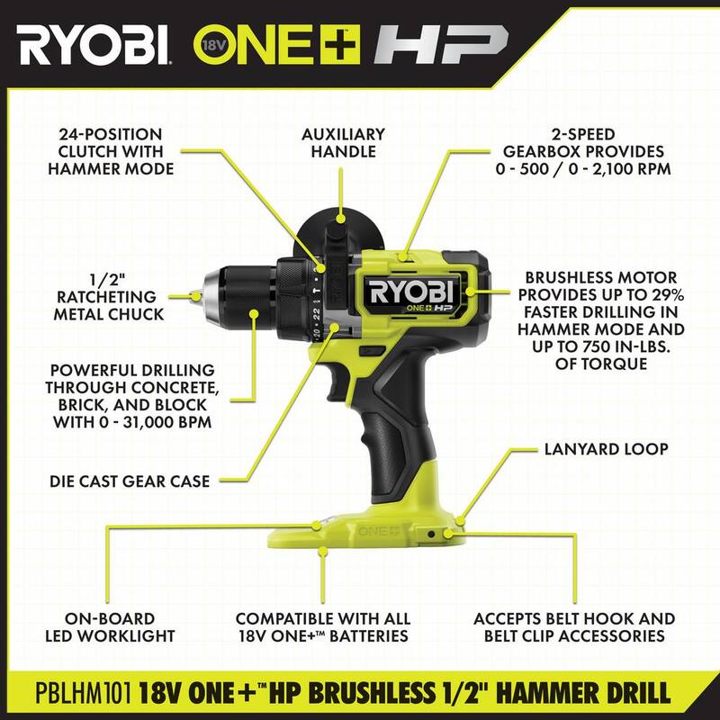 RYOBI ONE+ HP Taladro de martillo inalámbrico sin escobillas de 18V de 1/2 pulgadas con batería GRATIS de 2.0 Ah (paquete de 2) - PBLHM101B-PBP2006