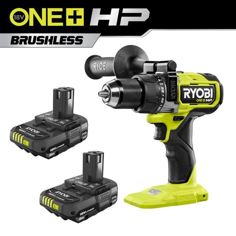 RYOBI ONE+ HP Taladro de martillo inalámbrico sin escobillas de 18V de 1/2 pulgadas con batería GRATIS de 2.0 Ah (paquete de 2) - PBLHM101B-PBP2006