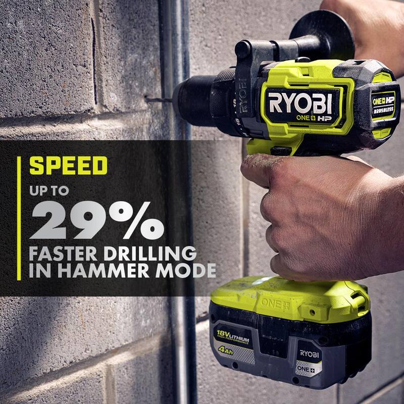 RYOBI ONE+ HP 18V Taladro Martillo sin escobillas inalámbrico de 1/2 pulgada con una batería de alto rendimiento de iones de litio ONE+ 18V 2.0 Ah - PBLHM101B-PBP003