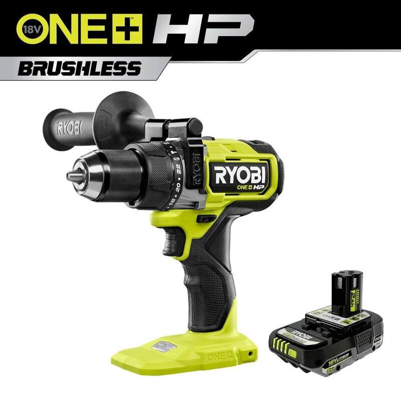 RYOBI ONE+ HP 18V Taladro Martillo sin escobillas inalámbrico de 1/2 pulgada con una batería de alto rendimiento de iones de litio ONE+ 18V 2.0 Ah - PBLHM101B-PBP003