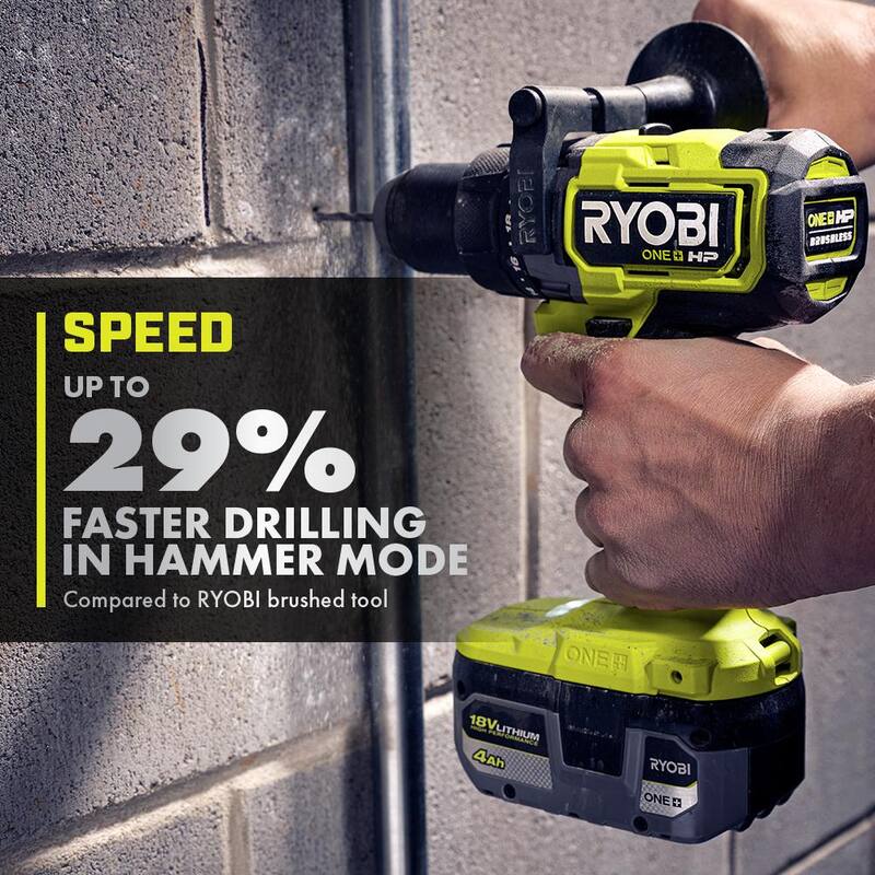 RYOBI ONE+ HP Taladro percutor inalámbrico sin escobillas de 18V con batería de 2.0 Ah y cargador - PBLHM101B-PSK005