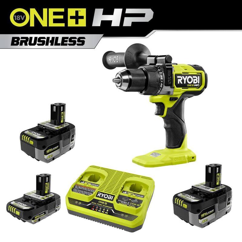 RYOBI ONE+ 18V HIGH PERFORMANCE Kit con (2) baterías de 4.0 Ah, batería de 2.0 Ah, cargador de 2 puertos y Taladro Percutor Brushless ONE+ HP - PSK023-PBLHM101B.