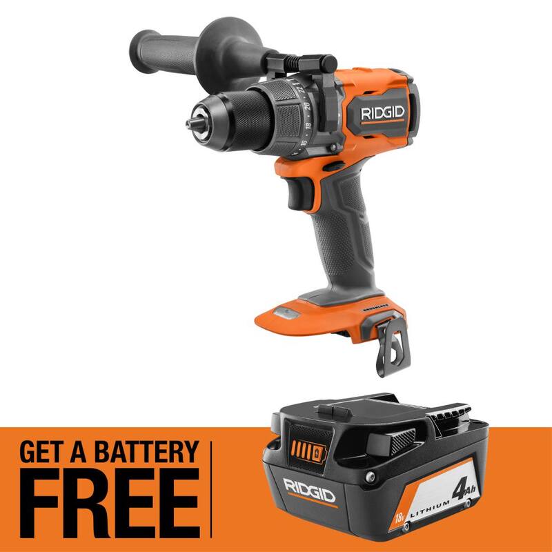 Taladro/taladradora Martillo/atornillador sin carbones de 18V RIDGID 1/2 in con alto torque con Batería de iones de litio de 4.0 Ah GRATIS - R861152B-AC87004