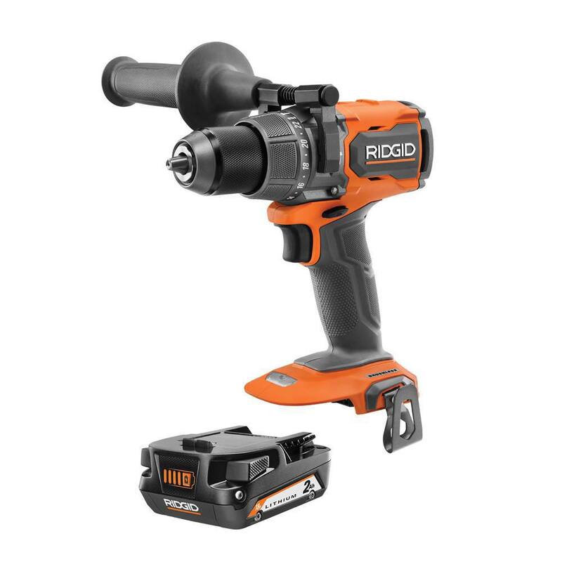 Taladro/atornillador de martillo inalámbrico RIDGID 18V Brushless de 1/2 pulgada con batería de iones de litio de 2.0 Ah - R86115B-AC8400802