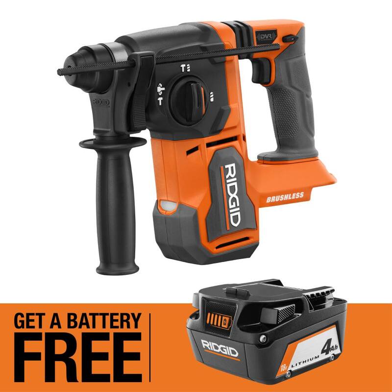 Martillo rotativo sin escobillas RIDGID de 18V con 1 pulgada SDS-Plus y batería de iones de litio de 18V 4.0 Ah - R86712B-AC87004