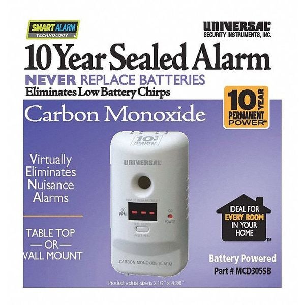 Universal Security Instruments Carbon Monoxide Alarm, 85 dB @ 10 ft, 10 Year Permanent Power Sealed Battery, Electrochemical - MCD305SB